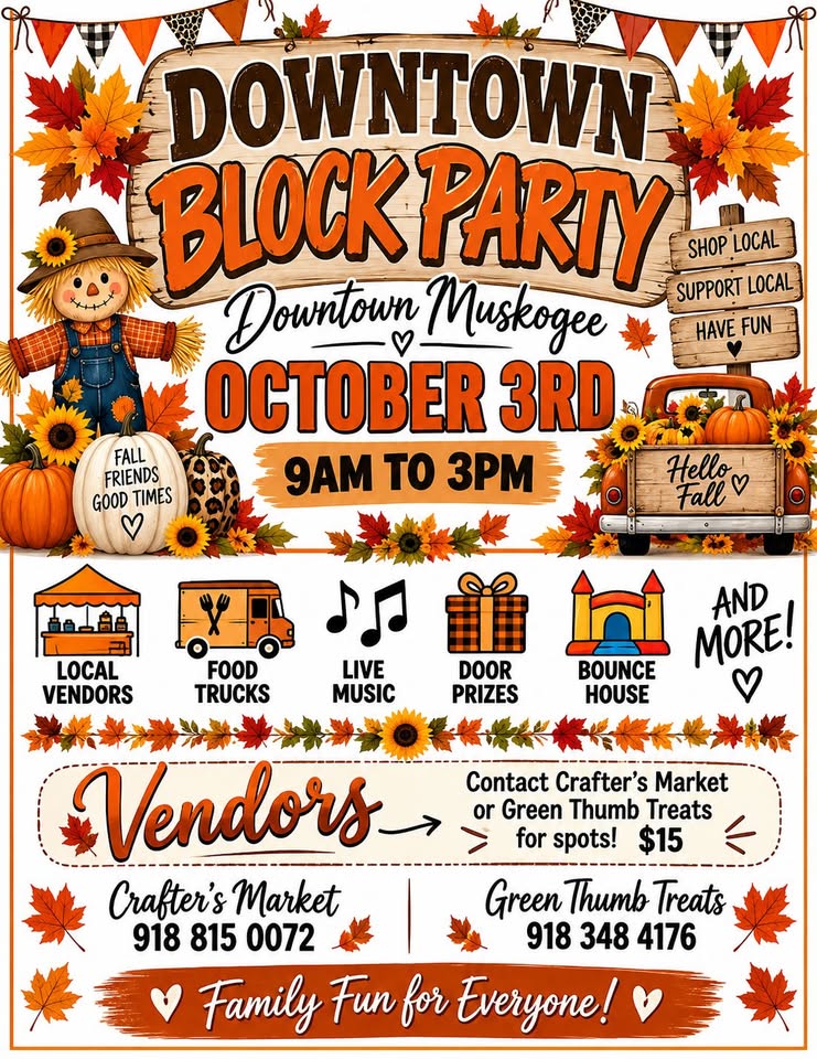 Downtown Block Party flyer, October 3, 2026, Downtown Muskogee