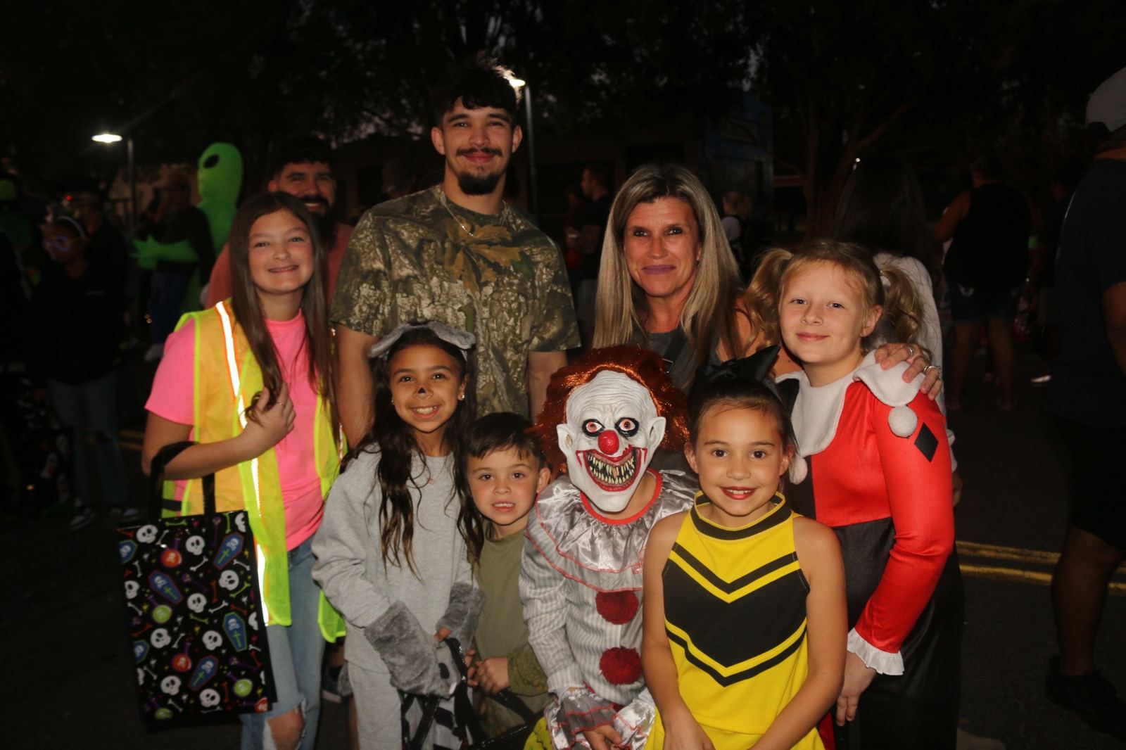 Family group dressed in assorted Halloween costumes at a past Downtown Muskogee Halloween Boo-nanza