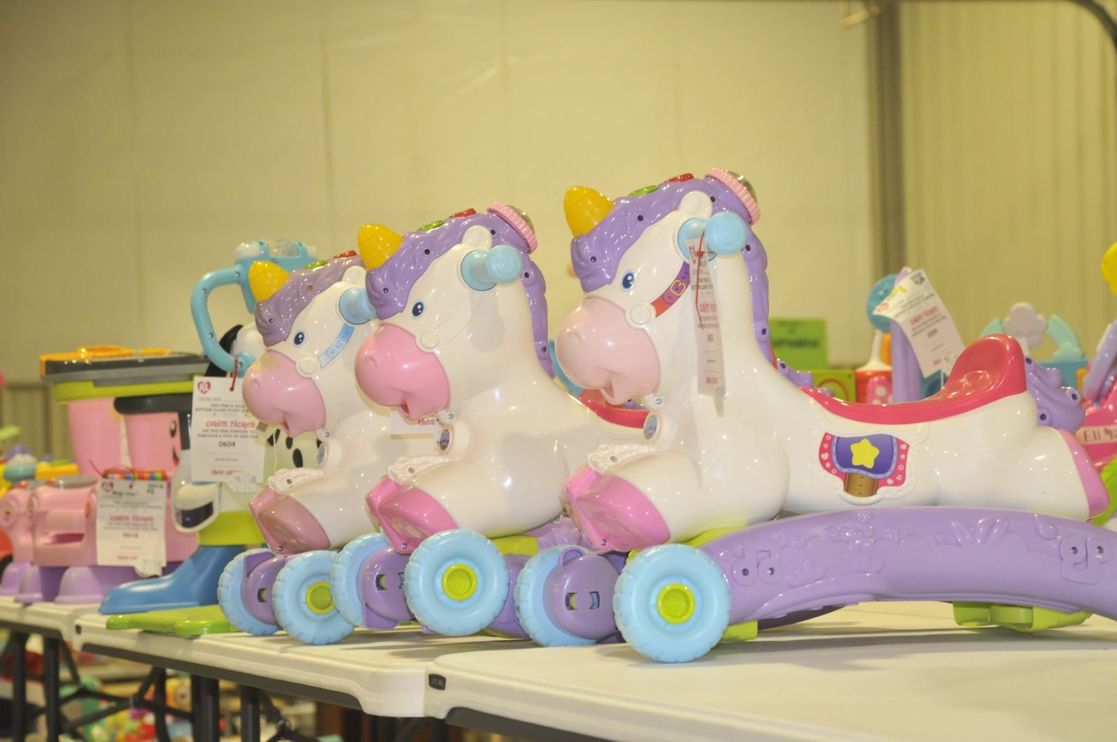 Ride-on unicorn toys on display at Rhea Lana's of Muskogee October 2026