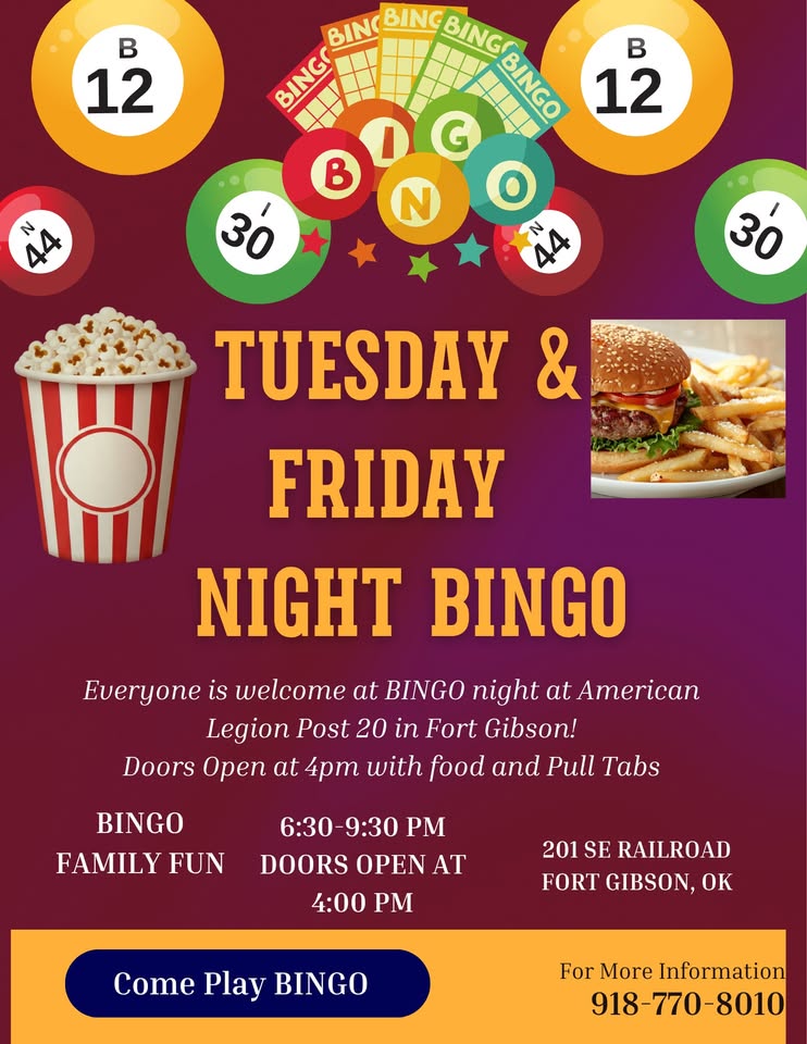 Friday Night BINGO at American Legion Post #20, Fort Gibson