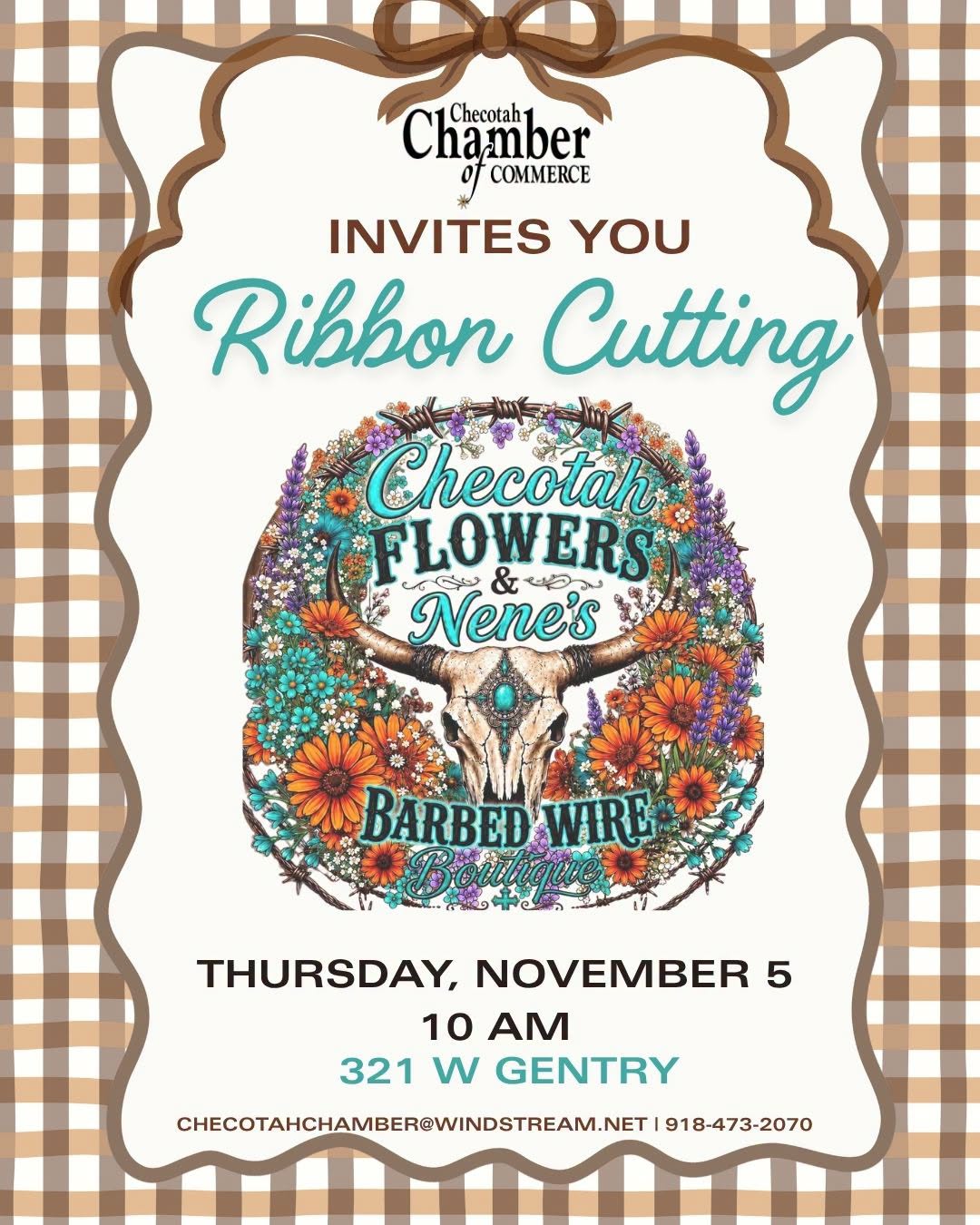 Ribbon Cutting: Checotah Flowers & Nene's Barbed Wire Boutique flyer