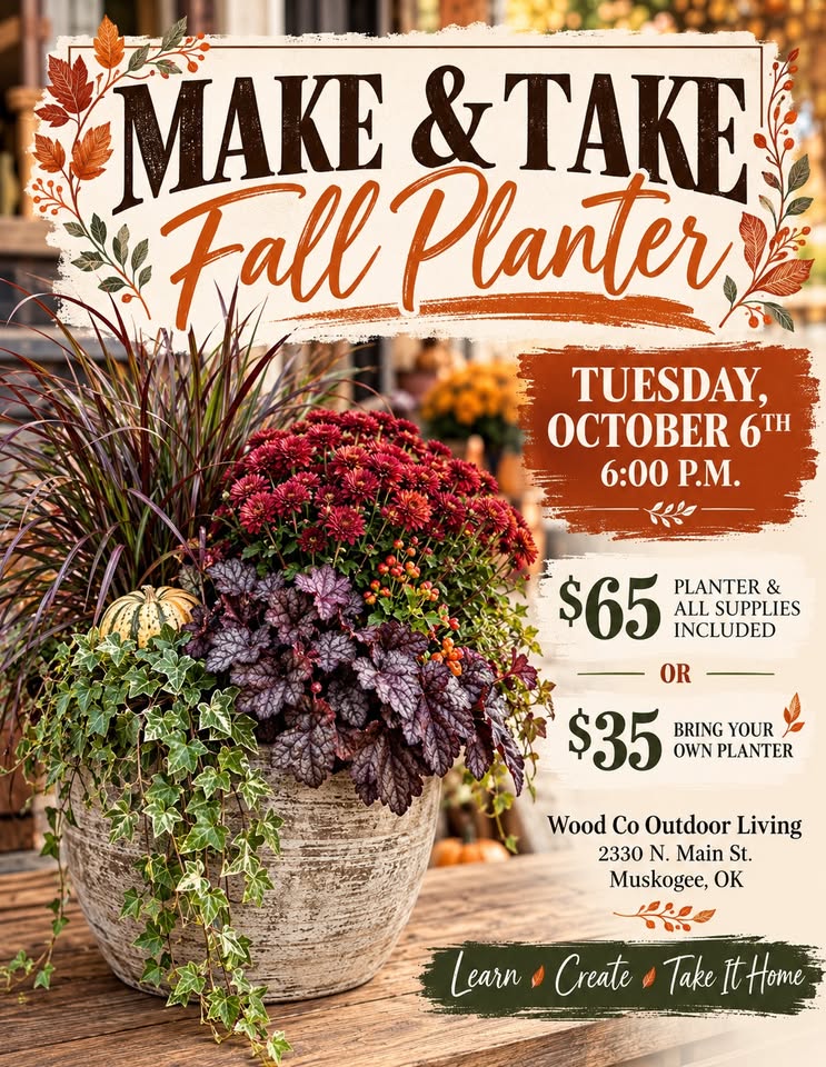 Fall Make & Take Planter Workshop at Wood Co Outdoor Living flyer