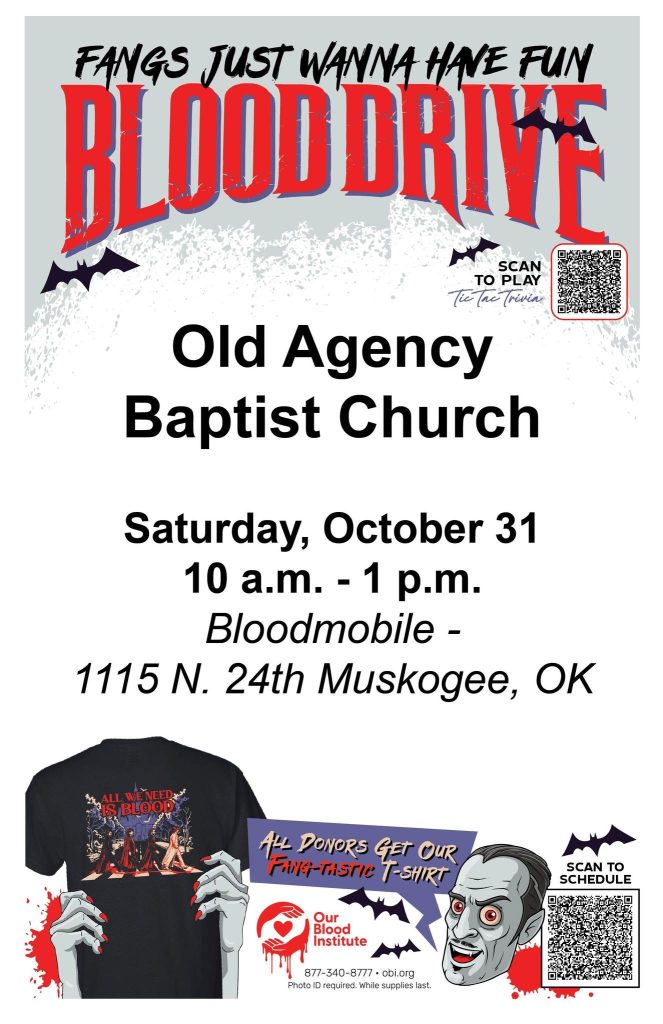 "Fangs Just Wanna Have Fun" Blood Drive at Old Agency Baptist Church flyer