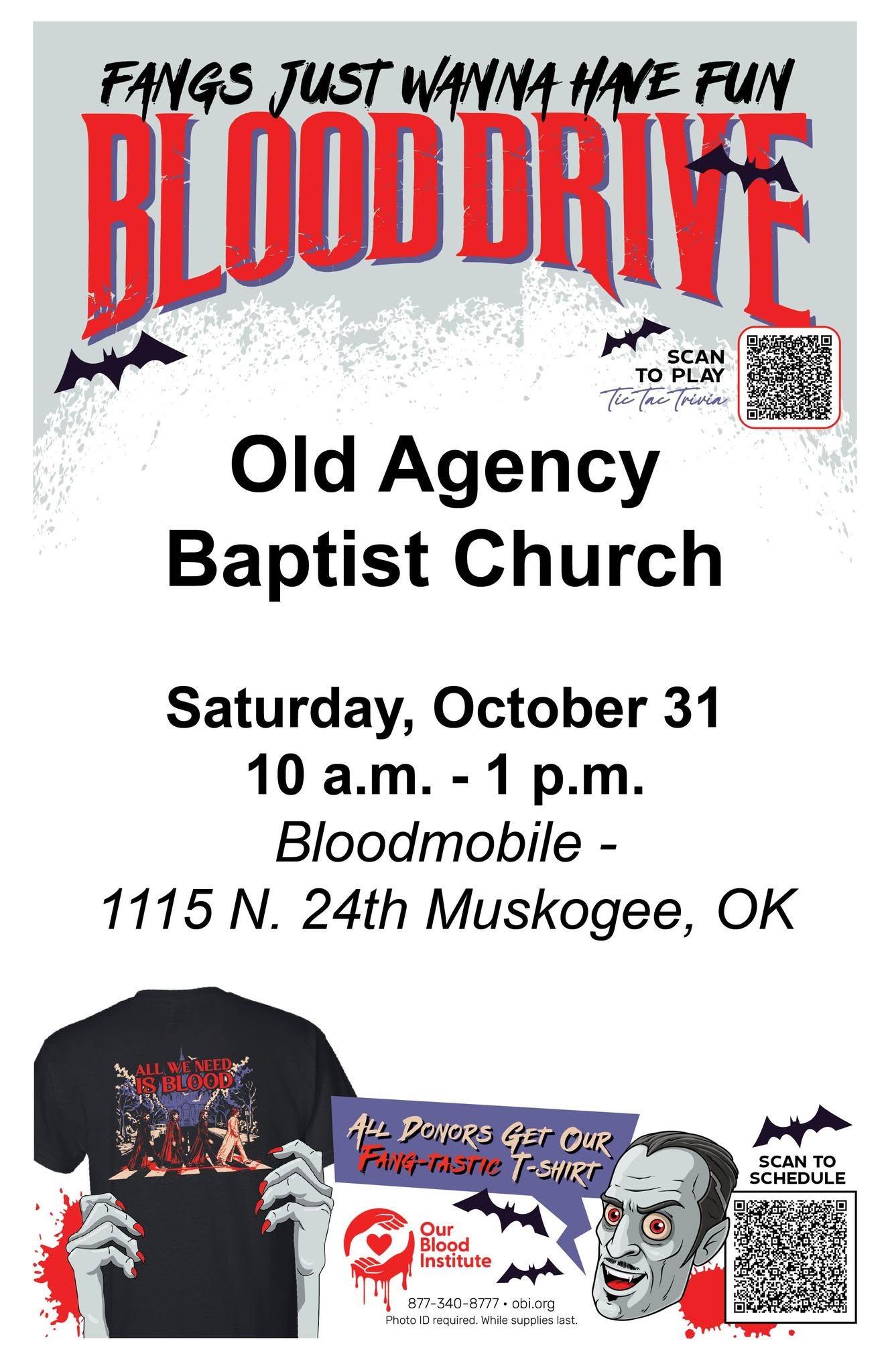 "Fangs Just Wanna Have Fun" Blood Drive at Old Agency Baptist Church flyer