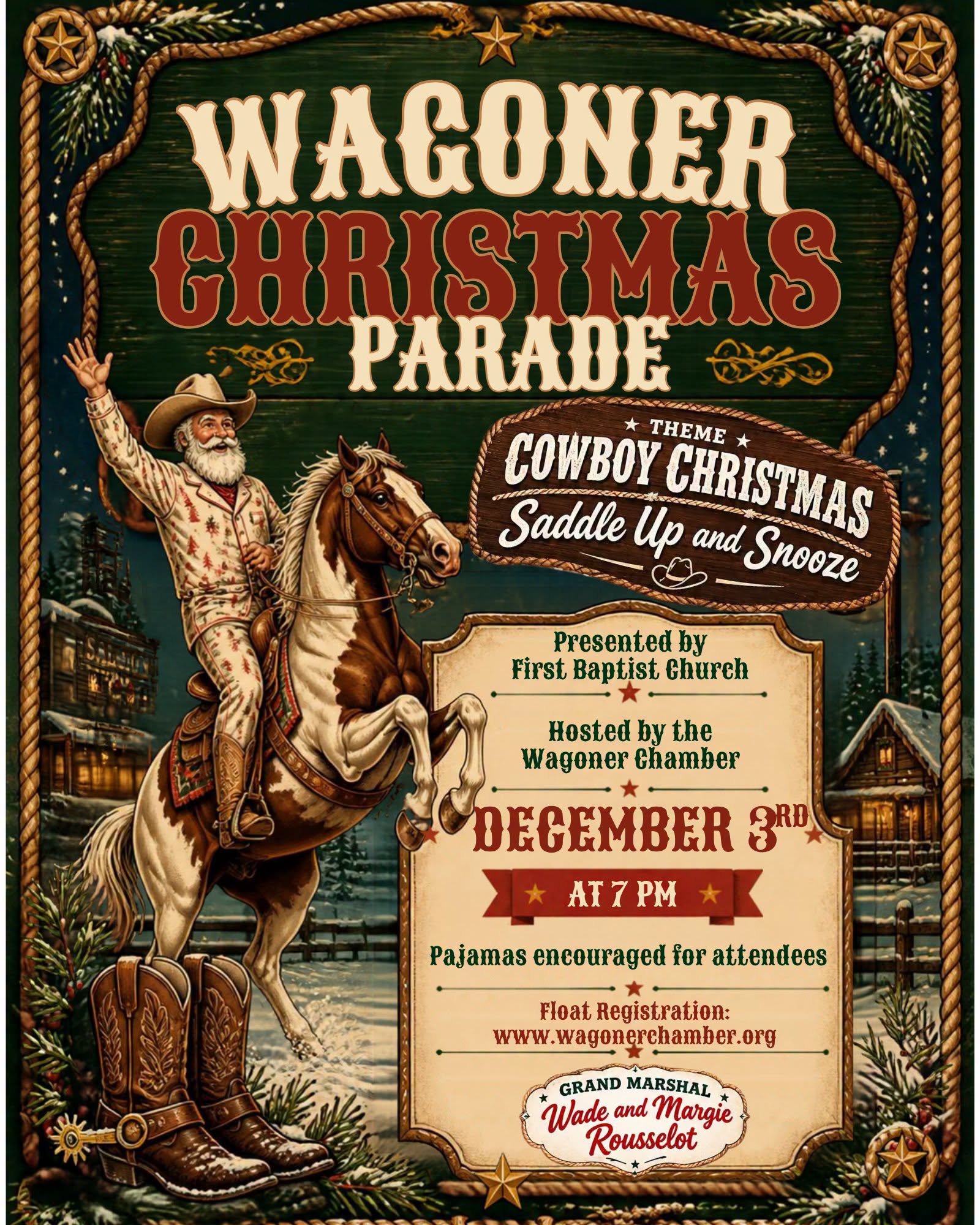 Wagoner Christmas Parade: "Cowboy Christmas: Saddle Up & Snooze!" flyer